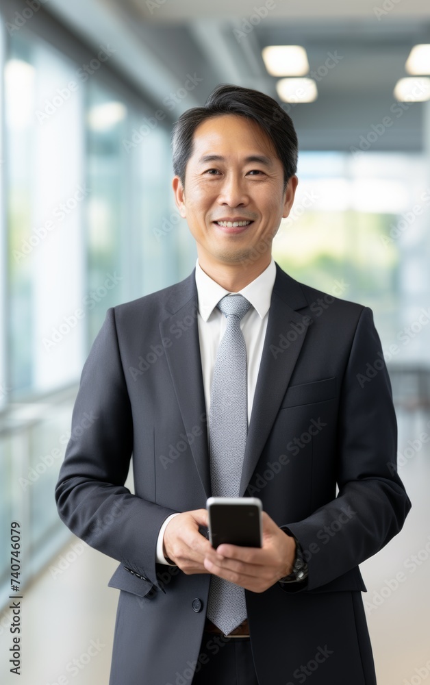 Close-up of smiling mature young Japan businessman holding smartphone in office. Middle aged manager using cell phone mobile app. Close-up of smiling mature young Japan businessman holding smartphone in office. Middle aged manager using cell phone mobile app.