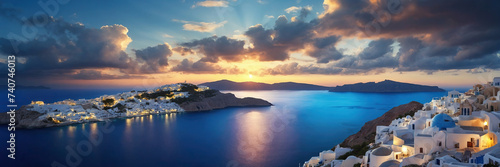 Beautiful Greek island with blue domed churches at sunset. Island of love. © Sahaidachnyi Roman