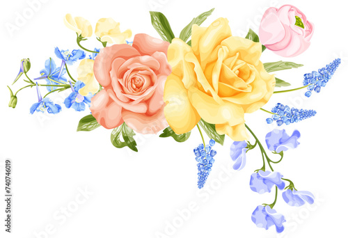 Spring bouquet with yellow and pink rose, blue delphinium flower, hyacinth, ranunculus and sweet pea.