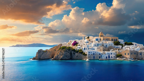 Beautiful Greek island with blue domed churches at sunset. Island of love.