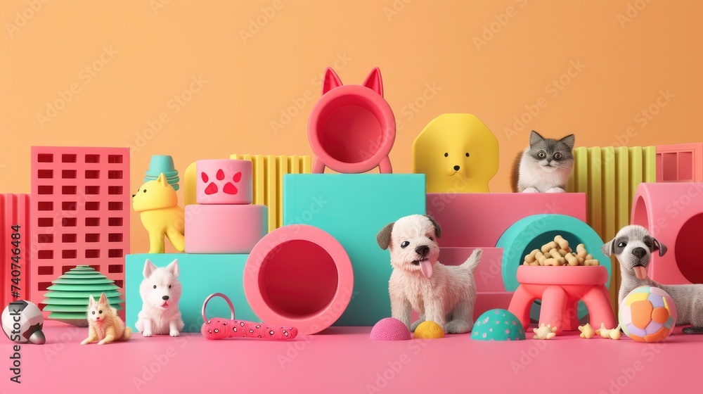A 3D banner displaying various pet supplies like food, toys, and accessories, symbolizing the range of products available for pets A 3D banner displaying various pet supplies like food, toys, and accessories, symbolizing the range of products available for pets