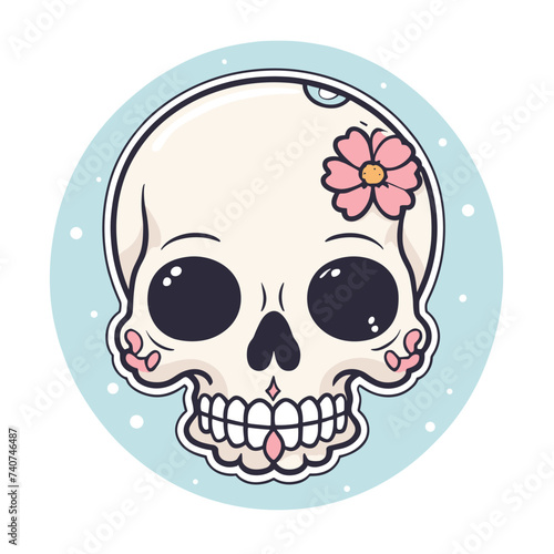 Cute cartoon skull with big eyes and a pink flower, set against a pastel blue background.