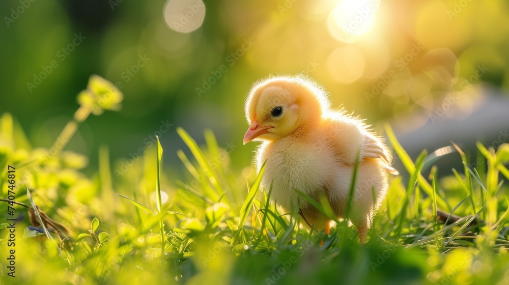 A small yellow newborn chick on a green grass bright background, banner with copy space	
