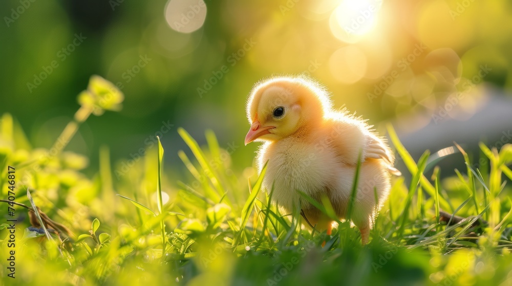 A small yellow newborn chick on a green grass bright background, banner with copy space
A small yellow newborn chick on a green grass bright background, banner with copy space