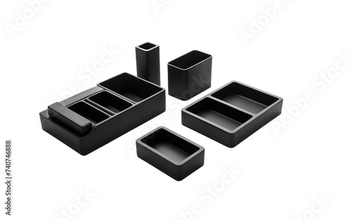 A Set of Four Black Containers Stacked Together. A photo capturing a set of four black containers, neatly arranged on top of each other. on White or PNG Transparent Background.