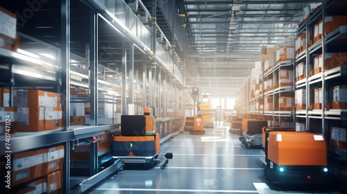 Modern robots working in a spacious warehouse.