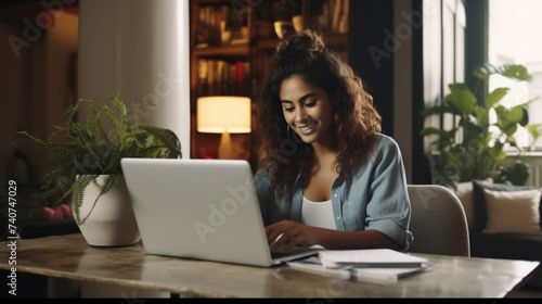 Young woman in light blue shirt working on laptop at a table.