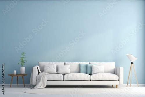 Modern living room with white sofa, blue wall and green plant. © Dzmitry