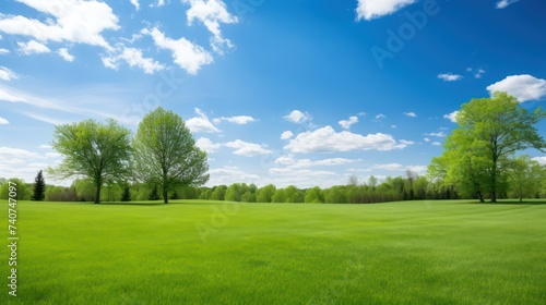 Serene landscape of a lush green park on a sunny day. Vibrant green landscape under a bright blue sky with fluffy white clouds photo