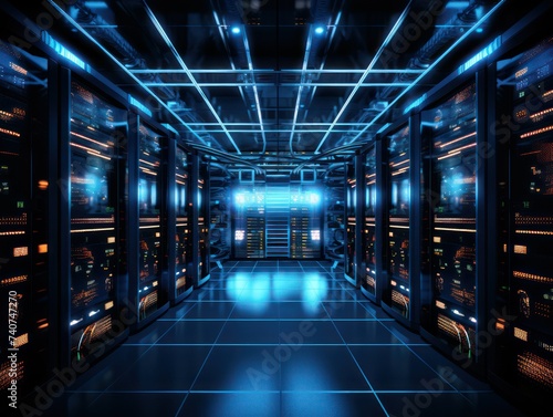Data center with illuminated servers and blue lighting