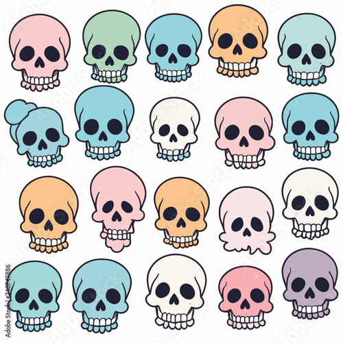 A colorful and whimsical collection of cartoon skulls arranged in a grid pattern, showcasing playful creativity with pastel hues against a white background.