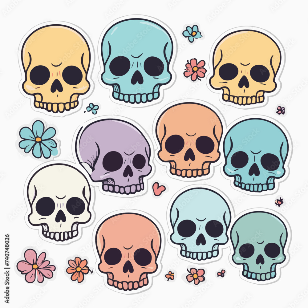 Fototapeta premium Colorful cartoon skulls with vibrant floral elements create a whimsical and playful design.