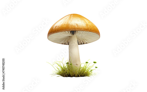 Mushroom Sitting on Top of a Grass Covered Field. A mushroom sits on top of a lush field of grass, creating a striking contrast between the natural elements. on White or PNG Transparent Background.