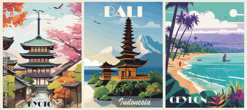 Set of Travel Destination Posters in retro style. Bali, Indonesia, Ceylon, Sri Lanka, Japan Kyoto prints. Exotic summer vacation, holidays concept. Vintage vector colorful illustrations. photo
