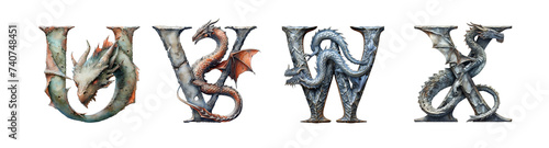 Letters U, V, W, X in dragon style. Unusual fantasy font on the transparent background.
