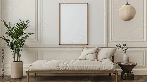 A mockup poster blank frame hanging on an office table, above a luxurious daybed, bedroom, Scandinavian style interior design photo