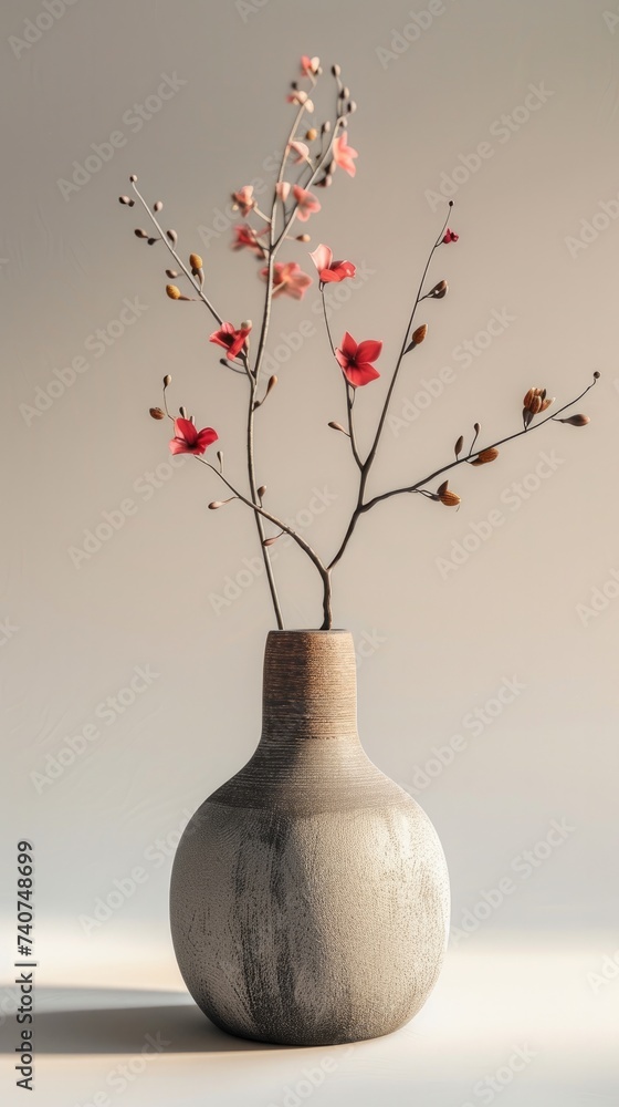This is a stylish porcelain flower vase with a small flower inside. Isolated background. Generative AI