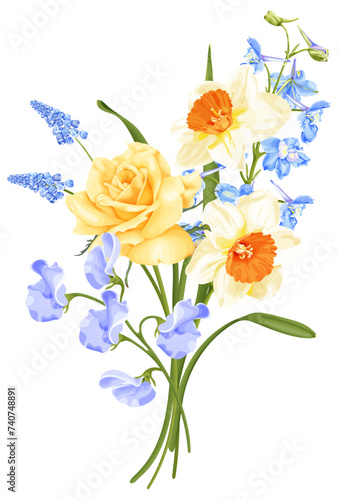 Spring bouquet with yellow rose, narcissus, blue delphinium flower, hyacinth and sweet pea.