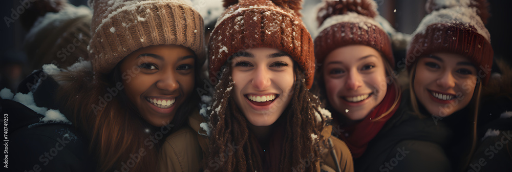 Happy Multiracial Friends Enjoying Winter Outside Happy Multiracial Friends Enjoying Winter Outside