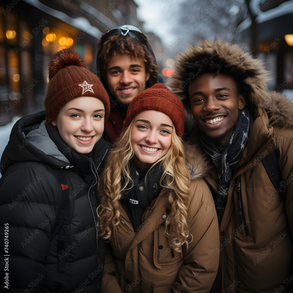 Happy Multiracial Friends Enjoying Winter Outside Happy Multiracial Friends Enjoying Winter Outside