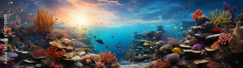 Vibrant Coral Reef Under Sunset Sky