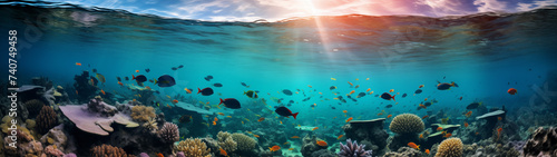 Underwater Panorama with Surface View at Dusk