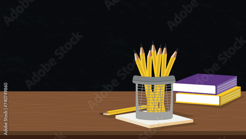 chalkboard background with pencils and books. School return	