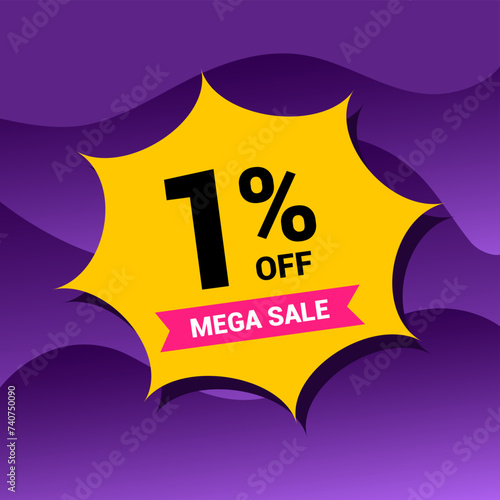 1% sale badge vector illustration on a purple gradient background. One percent price tag. Yellow and purple.