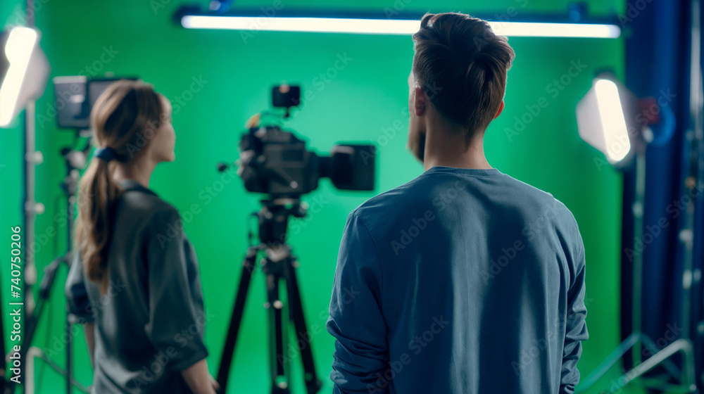 Studio Scene with Man and Woman on Green Screen Set for Video Production, Showcasing Professional Chroma Key Compositing, Professional Lighting Equipment, Behind-The-Scenes of Media Production. Studio Scene with Man and Woman on Green Screen Set for Video Production, Showcasing Professional Chroma Key Compositing, Professional Lighting Equipment, Behind-The-Scenes of Media Production.