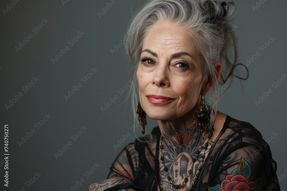 Aging with ink: elderly woman proudly poses with tattoo, showcasing timeless style and individuality, challenging stereotypes and embracing personal expression through body art Aging with ink: elderly woman proudly poses with tattoo, showcasing timeless style and individuality, challenging stereotypes and embracing personal expression through body art