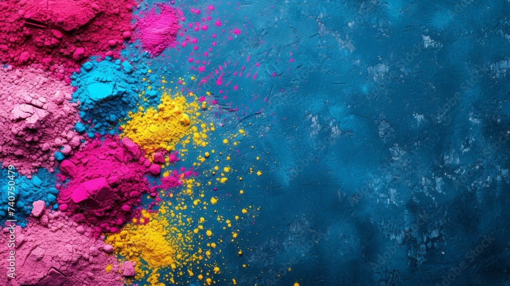 Fototapeta premium Colored scattering of multi-colored powder on a dark background. Holi celebration concept in India 