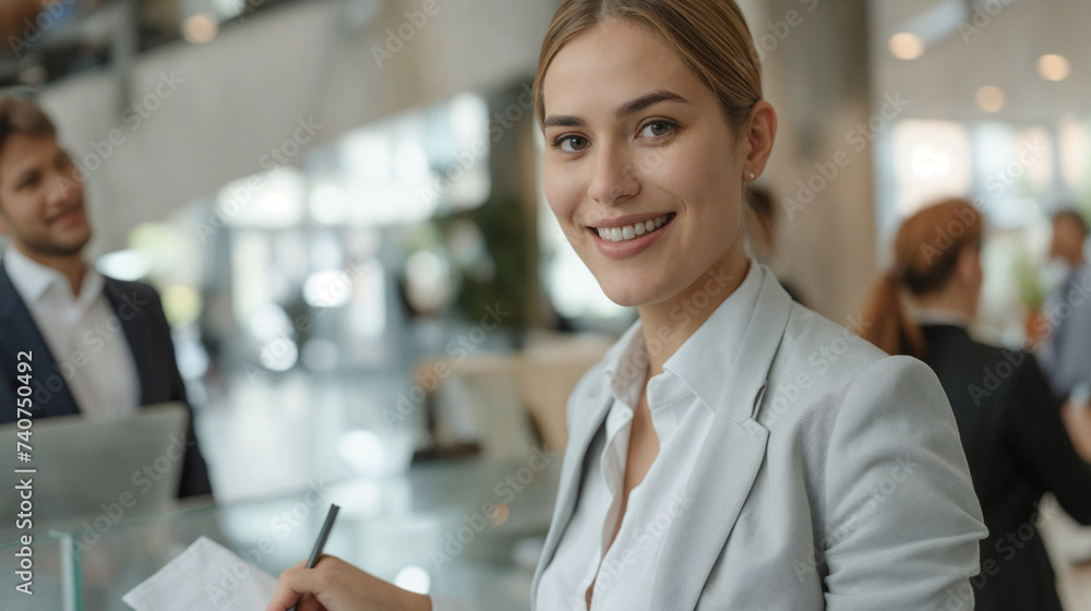 Engaged Professional interaction Depicting Customer Service, Job Interview and Reception Area with Diverse Individuals, Transparent Hygiene Barrier, Smiling Woman in White Shirt, Man with Pen and Pape