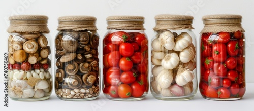 A variety of colorful vegetables stored in glass jars on a wooden shelf