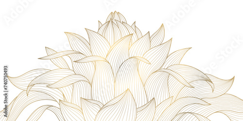 Vector lotus flower gold background, luxury floral art. Vintage line ornament, yoga, beauty nature illustration