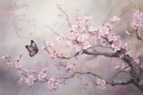 Fantastic and dreamy spring background. Cherry blossom trees and butterflies. Illustration with a dreamy atmosphere. Watercolor with an oriental feel. Pastel tones with copy space.
