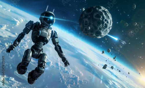 Speed of light captured in a cosmic dance robot and meteorite in harmony floating towards a blue ethereal earth heaven bound