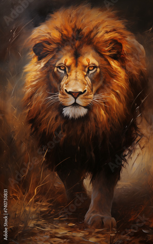 Golden Guardian  Lion Portrait on Bold Black Canvas