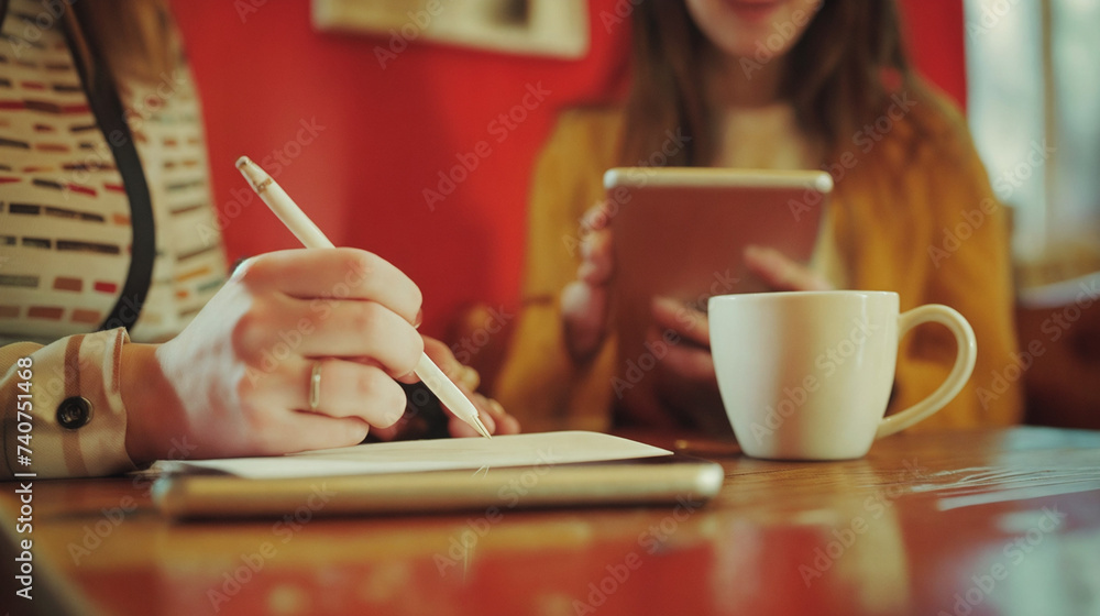 Professional Interaction Between Two Women, Engaged in a Focused Discussion, Casual Work or Learning Environment, Gripping Pen and Notebook, Behind a Digital Tablet and Cup, Vibrantly Lit Setting with