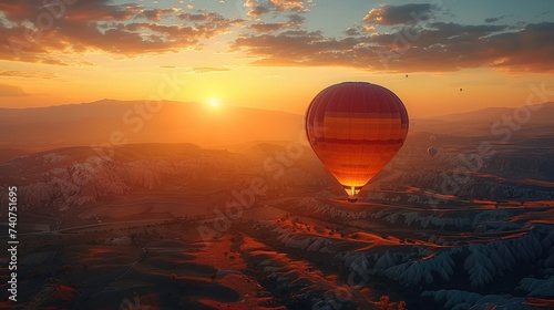 Concept banner travel photo Goreme Turkey aerial view. Sunrise Cappadocia with many colorful hot air balloon fly in sky over deep canyons. photo