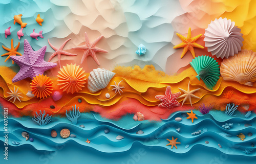Beautiful creative travel background. Colourful sand beach seashells,and starfishes, cockleshells.