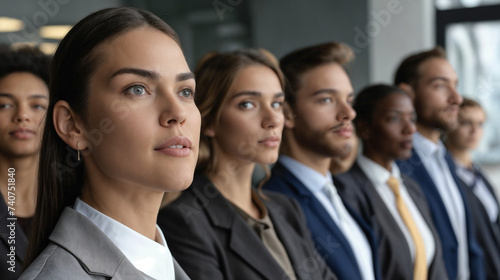 Professionals in Business Attire Focused on Presentation, Corporate Setting with Team of Diverse Coworkers Looking in Same Direction, Symbolizing Strong Unity and Attention in Modern Office Environmen