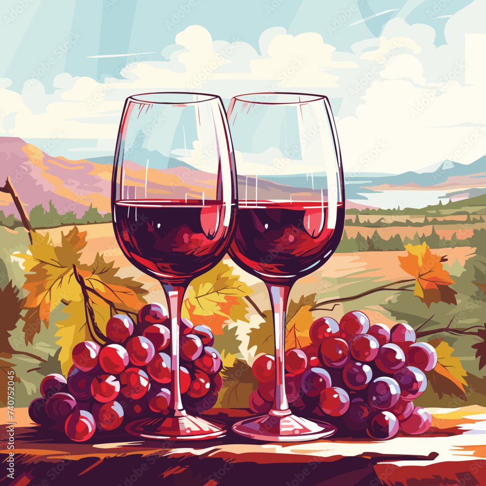 Two glasses of red wine and red grapes on the table. Vector illustration on the vineyards background