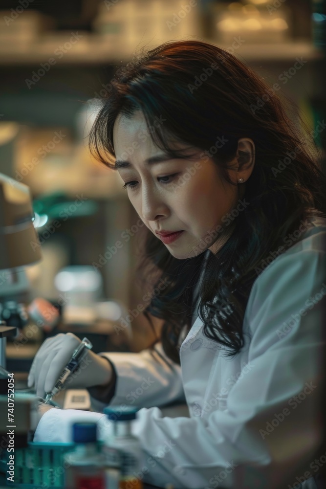 middle aged Korean woman wearing lab coat doing experiments middle aged Korean woman wearing lab coat doing experiments