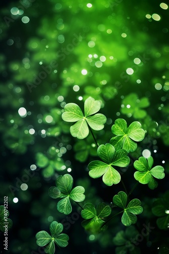 Green clovers close up for st patrick's day celebration on blurred green bright background 