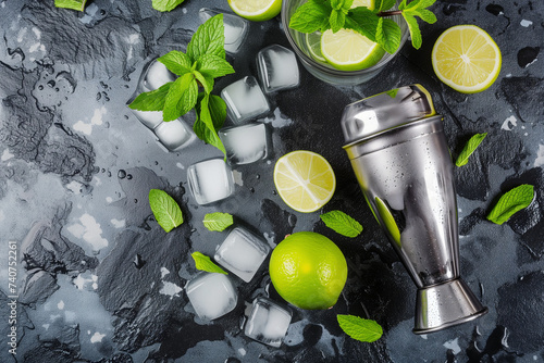 Photo of ice cubes, lime, cocktail shaker and mint leaves on a kitchen table, refreshing cocktail, mocktail, mojito