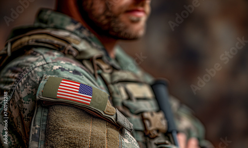 United States National flag on military uniform of american soldier. 
