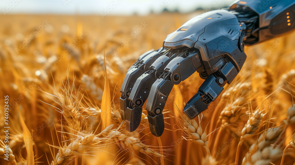 Agriculture 4.0 concept. A robot's hand touches ears of wheat in an agricultural field.
