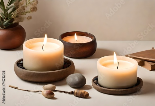 three candles on a table with smooth, round pebbles