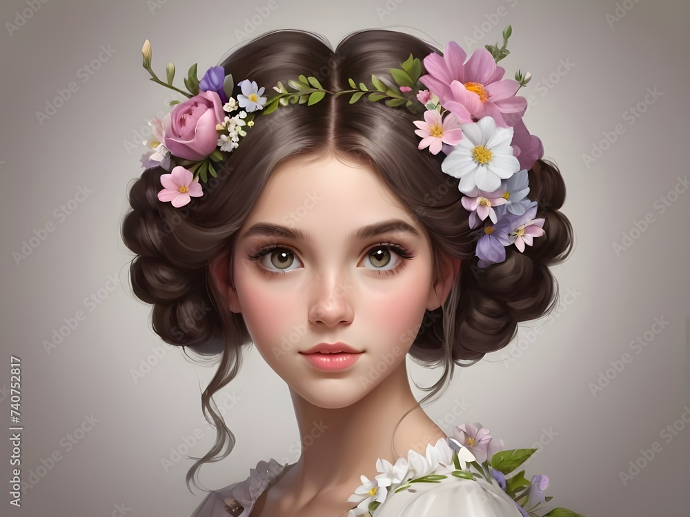 Naklejka premium Beautiful portrait of a girl with flowers in her hair. 