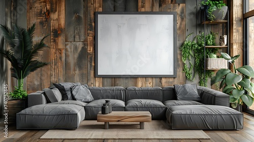 A mockup poster blank frame hanging on a reclaimed wooden table, above a modern sectional, family room, Scandinavian style interior design